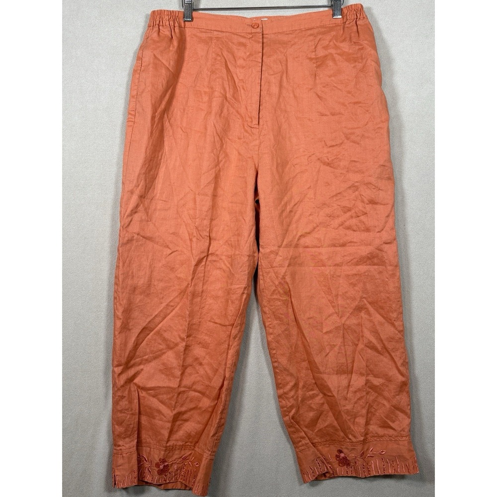 Linen Wide Leg Embroidered Floral‎ Hem Capri Pants Women 1X Lined Coral Zip/Elas